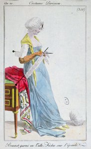 Pariisilainen puku: tyllillä koristeltu konepelti, olkapäillä fichu, 1802 tekijältä French School