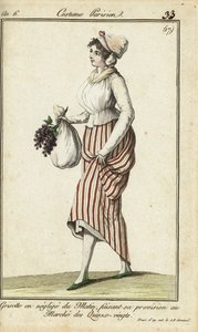 Pariisilainen kauppatyttö rennossa aamupuvussa, 26. maaliskuuta 1798 (käsinvärinen kuparikaiverrus) tekijältä French School