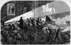 Juhli New Yorkin (New York) kaduilla juhlistamaan transatlanttisen lennätinkaapelin asentamista Yhdysvaltojen (Yhdysvallat) ja Englannin välille vuonna 1858. Kaiverrus "" Le Monde Illustré" -julkaisussa nro 79, 16. lokakuuta 1858. tekijältä French School