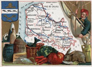 Pas de Calais (62), Nord Pas de Calais (Nord-Pas-De-Calais), Ranska. Paikallisia erikoisuuksia: musta saippua, likainen kala, siideri ja tupakka. Sarja Ranskan departementeista. Kromolitografia (Chromo) "" maantieteellinen lanka"", noin 1920. Yksityinen ko tekijältä French School