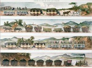 Matkustajat ja rahti ensimmäisellä Ranskan linjalla, joka avattiin Lyonin ja St. Etiennen välillä, 1829 (väri litho) tekijältä French School