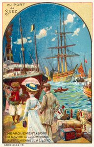 Matkustajat nousevat Itävallan Lloyd-linjan alukseen Suezin satamassa Egyptissä (chromolitho) tekijältä French School
