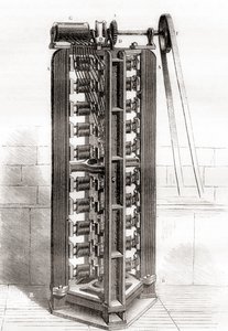 Paul-Gustave Fromentin pystysuora sähkömoottori, n. 1844, Les Merveilles de la Science, julkaistu n. 1870 (kaiverrus) tekijältä French School