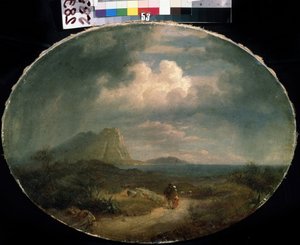 ""Italialainen maisema"" Merenrantamaisema myrskyisellä säällä, pariskunta kävelee tiellä. Ranskalaisen koulukunnan maalaus 1800-luvun alusta. Mihail Kroshitskyn taidemuseo, Sevastopol (Sevastopol) Ukraina tekijältä French School