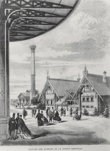 Talonpoikatalot Venäjän paviljongissa Exposition Universelle of 1867 -näyttelyssä (litho) tekijältä French School
