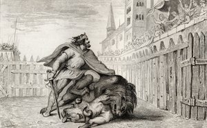 Pepin III (714-68) Lyhyt leijonan ja härän kanssa, Colartin "Histoire de France" -kirjasta, julkaistu noin 1840 tekijältä French School