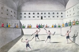 Persialaiset urheilijat harjoittelevat kuntosalilla, n. 1820 (värikaiverrus) tekijältä French School