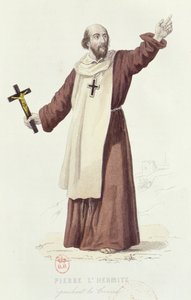 Pietari Erakko (n. 1050-1115) saarnaamassa ensimmäistä ristiretkeä vuonna 1095, n. 1840 (värikaiverrus) tekijältä French School