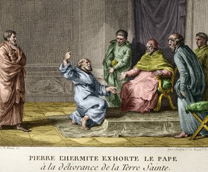 Pietari Erakko kehottaa paavi Urbanus II:ta vapauttamaan Pyhän maan vuonna 1093 (Pietari Erakko saarnaamaan ensimmäistä ristiretkeä) - Kaiverrus Ranskan historian hahmoista, sd. 1700-luvun lopulla tekijältä French School
