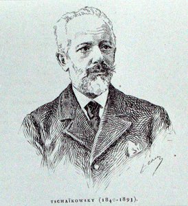 Petr Ilitsh Tchaikovski (1840-93), kuvitus Albert Soubiesin teoksesta "The History of Music in Russia", julkaistu Pariisissa tekijältä French School