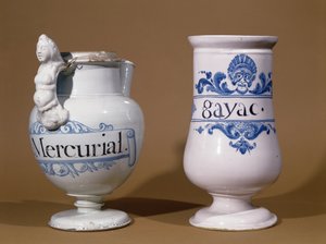 Farmaseuttiset purkit Mercurialille ja Gayacille, kahdelle kupan hoitoon käytetylle lääkkeelle, 1600-luvun loppu tai 1700-luvun alku (keraamiset) tekijältä French School