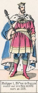 Philippe 1, 39. Ranskan kuningas, nousi valtaistuimelle vuonna 1061, kuoli vuonna 1108 (värinen kaiverrus) tekijältä French School