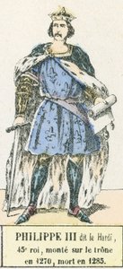 Philippe III dit le Bold, 45. kuningas, nousi valtaistuimelle vuonna 1270, kuoli vuonna 1285 (värinen kaiverrus) tekijältä French School