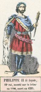 Philippe II dit Auguste, 42. kuningas, nousi valtaistuimelle vuonna 1180, kuoli vuonna 1223 (värillinen kaiverrus) tekijältä French School