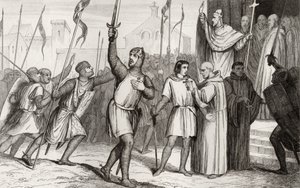 Philippe I (1052-1108) ja paavi Urbanus II (n. 1035-1099) kokosivat seuraajia ensimmäiselle ristiretkelle vuonna 1095 Colartin "Histoire de France" -teoksesta, julkaistu noin 1840 tekijältä French School