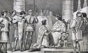 Philippe VI (1293-1350) de Valois osoittaa kunnioitusta Englannin Edward III:lle (1312-77), mutta vain Akvitanian herttuana Colartin teoksesta "Histoire de France", julkaistu noin 1840. tekijältä French School
