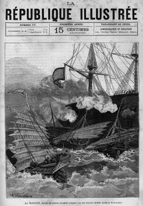 Piratismi: Annamiten sotalaiva "" La Magune"" joutui kiinalaisten merirosvojen kimppuun. Sanomalehti. Kaiverrus vuodelta 1880 ”La republique illustree”” yksityiskokoelmassa. tekijältä French School