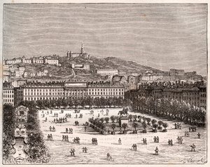 Place Bellecour tai Place Louis-le-Grand - Lyonin suurin aukio - kaiverrus "La France illustrée: maantiede, historia, tilastohallinto" V.-A. Maltaanruskea. 1884 tekijältä French School