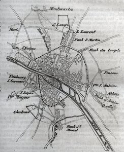 Pariisin kartta Henri III:n johdolla (1580) Jacques Antoine Dulauren kaiverrus "Pariisin fyysinen, siviili- ja moraalinen historia: historiallisista ajoista nykypäivään" tekijältä French School