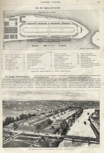 Kansainvälisen urheilun perustamissuunnitelma, joka on rakennettava Billancourtin saarelle vuonna 1869 - yleiskuva kansainvälisen urheilun laitoksista Billancourtin saarella vuonna 1869 tekijältä French School