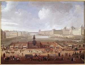 Pont-Neuf, Pariisi, nähtynä Place Dauphinen sisäänkäynnistä, jossa näkyy 4 Nations College, Quai Malaquais ja Louvre (öljy kankaalle tekijältä French School
