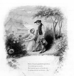Köyhä Jacques. Nuori tyttö polvistuu kukkien edessä puutarhurin lähellä. Kaiverrus "" Chants et chansons populaire de la France"", Tome 2 tekijältä French School