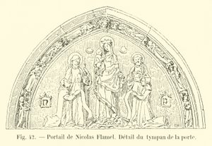 Nicolas Flamelin portaali, yksityiskohta oven tympanista tekijältä French School