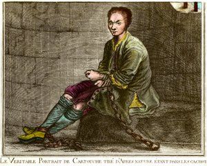 Muotokuva Louis Dominique Cartridgesta (1693-1721), ranskalainen rikollinen vankityrmässä 1700-luvun kaiverrus Yksityinen kokoelma tekijältä French School