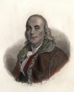 Muotokuva Benjamin Franklinista (1706-1790), yhdysvaltalainen fyysikko, filosofi ja poliitikko. kirjassa "Portraits des Hommes hyödyllinen" tekijältä French School
