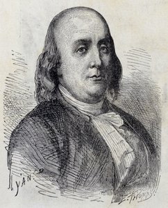 Muotokuva Benjamin Franklinista (1706 - 1790), yhdysvaltalaisesta poliitikosta, muistokirjoittajasta, pamfletista ja fyysikistä - "" Album of Sciencessä; maineikkaat tutkijat; Suuria löytöjä””” 1896. tekijältä French School