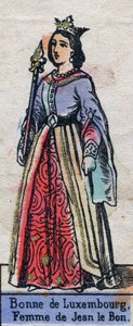 Ranskalaisen Johannes II:n vaimon Bonne de Luxembourgin (1315-1349) muotokuva. (Kapetian dynastia). Kuvitus 1800-luvun lopulla. tekijältä French School