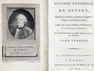 Buffonin muotokuva ja "Buffonin luonnonhistorian" nimiölehti, joka on luokiteltu Linnén järjestelmän mukaan järjestyksiin, sukuihin ja lajeihin. tekijältä French School
