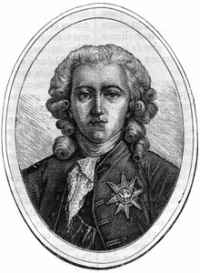 Charles Alexandre de Calonnen muotokuva, Ludvig XVI:n (1734-1802) aikainen ranskalainen poliitikko, varainhoidon valvoja. Kaiverrus Maurice Lachatren teokseen "Paavien-kuninkaiden-kuningattaren ja keisarien historia vuosisatojen ajan" tekijältä French School