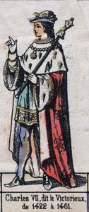 Kaarle VII:n muotokuva, joka tunnetaan nimellä Kaarle Voittaja tai Kaarle Hyvä Palveltu (1403-1461) (Kapetian dynastia). Kuvitus 1800-luvun lopulla. tekijältä French School