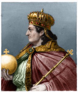Austraasian kuninkaan Childebert II (v. 570 - 596) muotokuva - Lavalleen "Ranskan historiassa", kaiverrus, sd. tekijältä French School