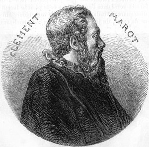 Clement des Marets dit Marotin (1496-1544), runoilijan muotokuva. Teoksessa ""Popular History of France"", nd. noin 1885. Kaiverrus. tekijältä French School