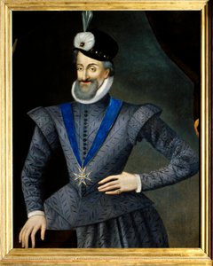 Henry IV:n (1553-1610) Ranskan kuninkaan muotokuva. Hänellä on Pyhän Hengen ritarikunnan (Pyhän Hengen ritarikunnan) arvomerkin kaulakoru. Anonyymi ranskalainen maalaus 1600-luvulta. Öljy kankaalle. Mitat: 0,95x1,13m. Pakollinen maininta: Sully sur Loi tekijältä French School