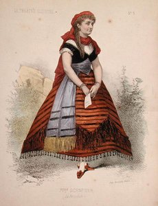 Hortense Schneiderin (1833-1920) muotokuva La Perichlen roolissa Jacques Offenbachin (1819-90) samannimisessä operetissa, kuvitus teoksesta "Le Theatre Illustre" (värinen lito) tekijältä French School