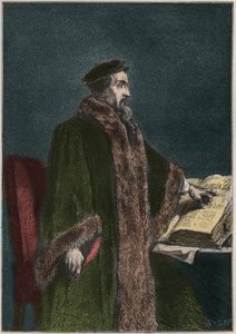 Jean Calvinin (Jean Cauvin) (1509-1564), ranskalaisen uskonnonuudistajan ja kirjailijan muotokuva - John Calvin - kaiverrus kirjasta "" Ranskan historia kerrottiin lapsenlapsilleni"" - kirjoittanut Francois Guizot - 1872-1876 tekijältä French School