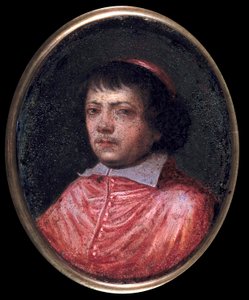 Muotokuva Jean Francois Paul de Gondista (Jean-Francois-Paul de Gondy) (1614-1679) Kardinaali de Retz, Pariisin arkiston koadjutori, kardinaali vuonna 1651 Pienoismaalaus 1600-luvulta. Chantilly, Conde-museo tekijältä French School