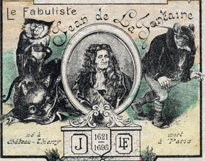 Jean de La Fontainen (1621-95) muotokuva. Epinalin kuva 1800-luvun lopulta. tekijältä French School