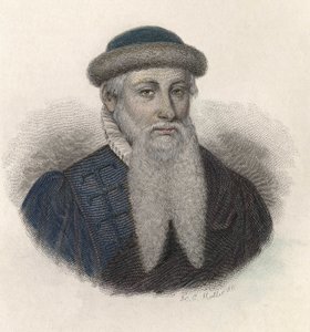 Johannes Gensfleisch dit Gutenbergin (1394/99-1468), saksalaisen kirjapainon muotokuva. "" Hyödyllisten miesten muotokuvia"" tekijältä French School