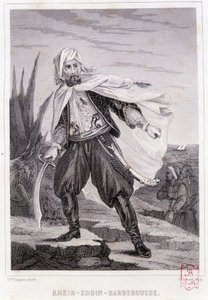 Muotokuva Kheiristä - Eddin - Barberoussesta, 1500-luvun turkkilaisesta merirosvosta - P. Christianin teoksessa "Merrosten ja Välimeren merirosvojen historia", Paris, D. Cavaillés, toim., osa 1 tekijältä French School
