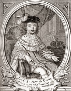 Ludvig XV:n muotokuva lapsena, 1710 1774. Bourbon-monarkki, joka hallitsi Ranskan ja Navarran kuninkaana. Les Heures Libres, julkaistu 1908. tekijältä French School