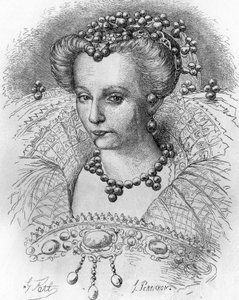 Henri III:n vaimon Louise de Lorraine (1553-1601) muotokuva. Teoksessa ""Popular History of France"", nd. noin 1885. Kaiverrus. tekijältä French School