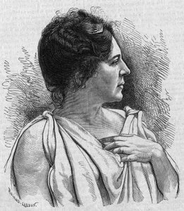 Madame Agarin (Marie Leonide Charvin, toim.) (1836-1891), ranskalaisen koomikon muotokuva. Kaiverrus "La gazette du dimanche" -julkaisussa 21. marraskuuta 1895. tekijältä French School
