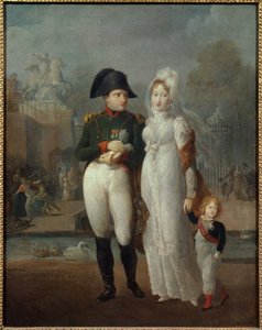Muotokuva Napoleon I:stä (1769-1821) ja Mary Louisesta heidän poikansa, Rooman kuninkaan Napoleon II:n, Reichstadtin herttuan kanssa Anonyymimaalauksessa Tuileries Gardensista. 1800-luvun yksityinen kokoelma - Napoleon I:n (1769-1821) ja Marie Louisen muot tekijältä French School