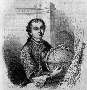 Pierre (Peter) Anichin (1723-1766), tirolilaisen tähtitieteilijän ja kartografin muotokuva, jolla on maapallo ja kompassi. Kaiverrus "" Le Magasin viehättävässä"" tekijältä French School
