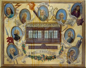 Muotokuva historiallisista henkilöistä ja näkymä pariisilaisesta kahvilasta Le Procope: Benjamin Franklin, Jean Jacques Rousseau, Voltaire, Jean D