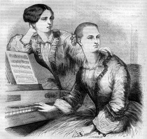 Muotokuva Cruvellien sisaruksista, saksalaisista tanssijoista. Sophie Cruvelli (Johanna Sofia Charlotte Cruwell, toim.) (1826-1907) ja Marie Cruvelli (Friederike Marie Cruwell, toim.) (1824-1868). Kaiverrus vuodelta 1852. tekijältä French School